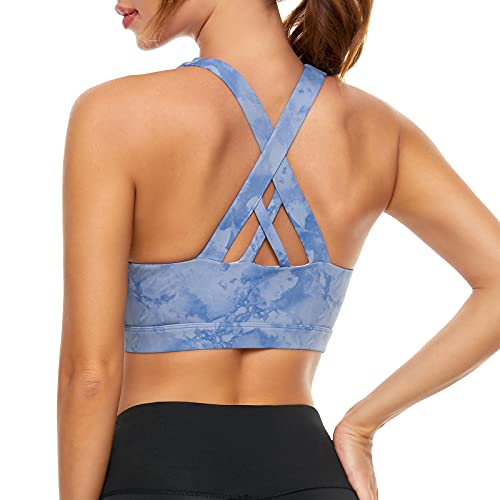 Image of Sports Bras for Women High Impact Support for Yoga Gym Running Workout Fitness Strappy Sports Bra with Padded Removable Cups, Blue Tie Dye, Small