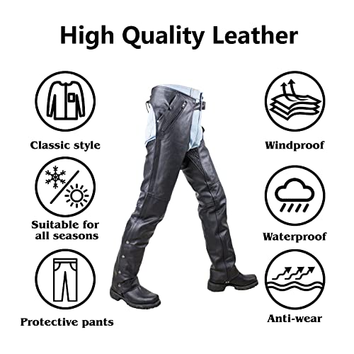 Motorcycle Leather Chaps For Men, Biker Riding Cowboy Chaps, Black Multi-Pocket Split Soft Leather Pants W/Zipout Liner #TOP2
