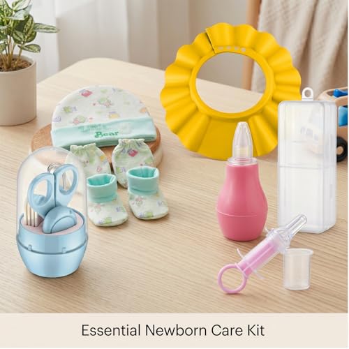 Image of Safe-O-Kid Baby Grooming Care Kit | 1 Nasal Aspirator, 1 Silicone Medicine Feeder, 1 Grooming Set, 1 Baby Cap Mitten Bootie Set & 1 Bath Shampoo Cap | BPA-Free Baby Care Essentials | Assorted