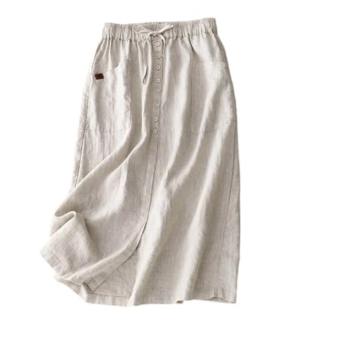 Women's Cotton Linen Midi Skirt Pleated High Waisted Casual Button Front Flowy Skirts Elegant Skirts with Pockets