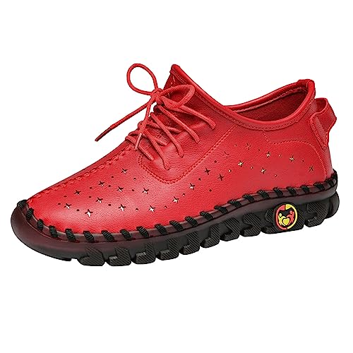 Image of Women'S Hollow Leather Lace Up Flat Loafers,Lightweight Breathable Casual Comfort Non-Slip Walking Shoes Handmade Beef Tendon Soft Sole Mom Nurse Shoes
