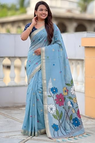 Image of SGF11 Women's Soft Cotton Linen Silk Saree With Blouse Piece