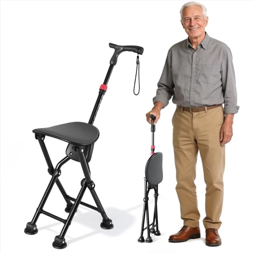 Image of Four-Legged Cane with Seat, Unisex Cane with Seat Folding Lightweight, Adjustable Anti-Slip Cane Chair, Walking Cane with Seat Suitable for Men, Women, Adults and Seniors