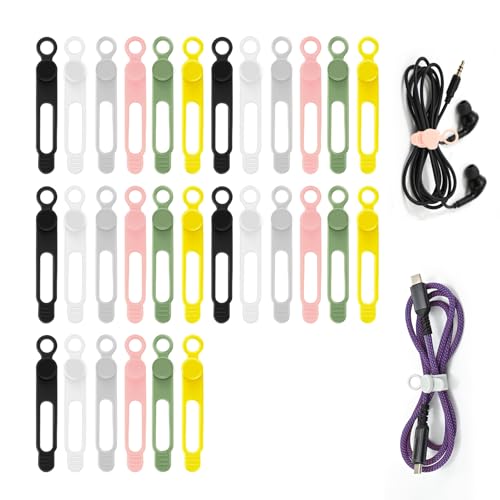 30Pcs Silicone Cable Ties 6 Colors, Reusable Elastic Cord Organizer