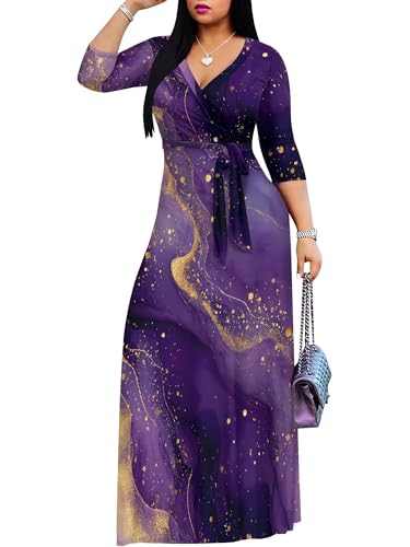 Image of Plus Size Dresses for Women Print Maxi Dresses 3 /4 Sleeve with Belt