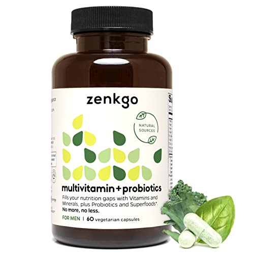 Zenkgo Men's Vitamins + Probiotics 25B CFU + Organic Whole Foods, Supports Energy, Immunity, Prostate Health, Daily Vitamins A, E, B5, B12, Vegan D3, K2 (MK-7), Minerals, Superfoods (60Ct/30Day)