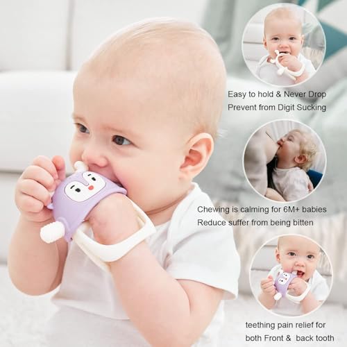 Image of Reindeer Organic Baby Toys 0-6Months, Mitten for 3-6Months, Easy to Hold Stem with Chewing Nubs for Teething Pain Relief for 6-12Months Babies, (Light Purple)