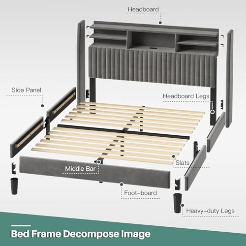 King Size Bed Frame, Velvet Bed Frame with Charging Station and LED Lights, Vertical Channel Tufted Headboard with Storage Shelves, Wooden Slats, Noise Free, Grey - Image 3