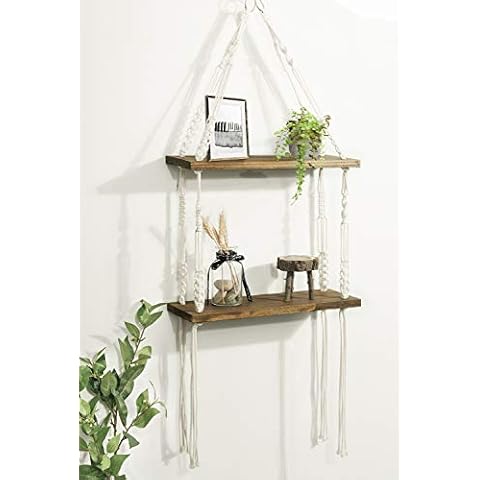 TIMEYARD Macrame Hanging Shelves, Rustic Wood Wall Shelves with Handmade Woven Hanger, 2 Tier Rope Floating Shelf for Photo Frames, Small Plants, Boho Home Decor for Bedroom, Living Room, Bathroom Cover