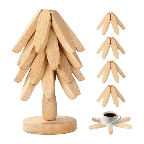 Dessous de Plat Bois, Arbre Design Tapis de Casserole Chaud, Lot de 5 sous-Verres, Coussinets Pliables en Forme d'arbre Naturel Résistants à la Chaleur pour...
