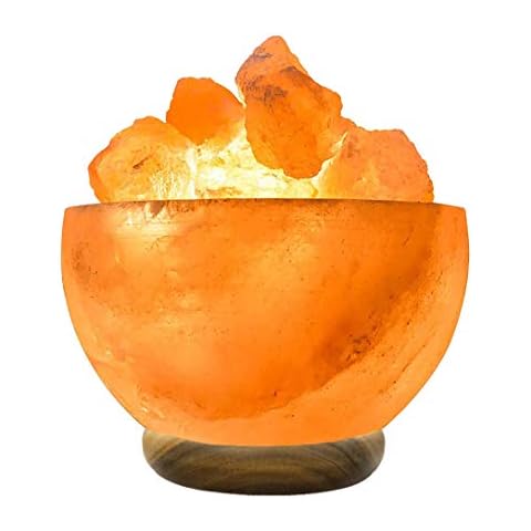 10” Salt Fire Bowl Natural Wooden Base Handmade Table lamp Bowl with Himalayan Rock Crystal Chunks Button Cable Control and British Standard Style Electric Plug Cover
