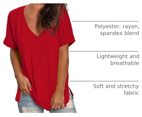 Image of Sampeel Women's V Neck T Shirts Casual Rolled Short Sleeve Side Split Summer Tops Loose Fit