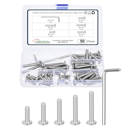 Image of METALLIXITY Flat Head Hex Socket Cap Screws Bolts(M6-1x20 /25 /30 /35 /40) 50Pcs, with Wrench Steel Hex Socket Furniture Bolts Screws - for Furniture Woodworking Project, Silver Tone