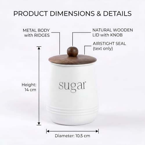 Image of Stylish Airtight Container for Kitchen, Tea Sugar Salt Storage, White, Metal with Wooden Lid & Spoon, 1000ml, Canister for Kitchen Counter top | Food-Safe Jar Set of 3 (Tea Sugar & Salt)
