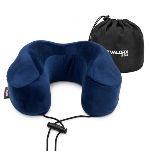 Image of Premium Memory Foam Neck Pillow by ValorX USA for Travelling 360 Neck Support with Ultra-Soft Lightweight Velvet Cover & Free Travel Pouch, Blue