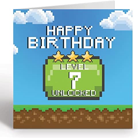 Birthday Card For 7 Year Old Gamer Boy Or Girl -  Happy Birthday Level 7 Unlocked Video Gaming Birthday Card With Blue Envelope - Eco Friendly Card By Giggle Greetings® Cover
