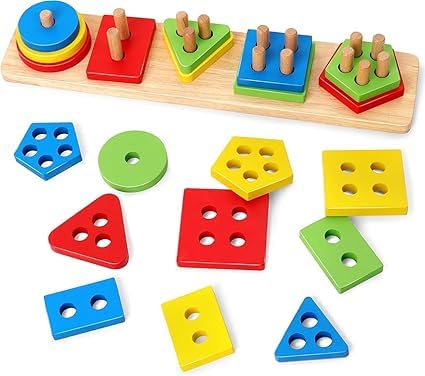 KRIDEZ Montessori Wooden Sorting & Stacking Toys | Shape Color Recognition Geometric 4 Angle Blocks | Matching Puzzle with Lacing String | Educational Learning Board Game -20pcs