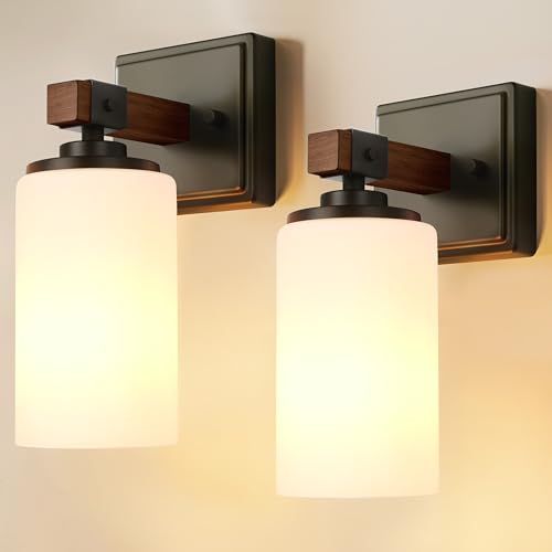 Image of Wall Sconces Set of 2, Farmhouse Rustic Vanity Light for Bathroom, E26 | Wood Grain Brown Wall Light Fixtures with White Glass Shade for Bathroom, Bedroom, Living Room, Hardwired(Bulbs Not Includ)