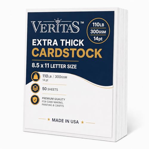 Veritas Extra Heavyweight White Cardstock 8.5 x 11”, 110lb/300gsm Thick 14pt Cover Card Stock, 50 Sheets, Made in USA, for Invitations, Certificates, Greeting Cards, Covers & Presentation Projects