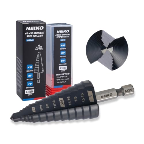 Image of NEIKO 10624B Step Drill Bit, 9 Steps 1 /2 inch to 1 inch Straight M35 Cobalt, AlTiSiN Coated, 1 /4 inch Quick Change Step Bits for Steel, Metal, Wood, Plastic, Unibit Cone Drill Bits, Two Flute