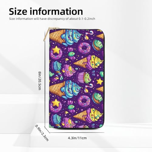 Leather Thin Slim Wallets for Women Men - Fashion Purple Ice Cream Donut Print Card Wallet Holder with Zipper2