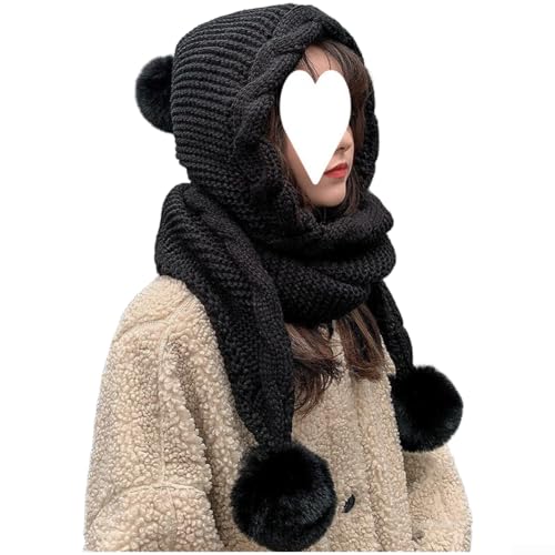 Gorro de punto cálido con bufanda y orejeras, gorro de invierno estilo coreano para mujer, tela acrílica para uso al aire libre de temporada (negro)