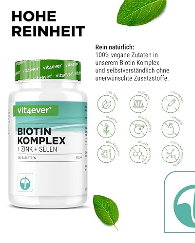 vit4ever Biotin Komplex + Selen + Zink für Haut, Haare & Nägel - 365 Tabletten - Ohne unerwünschte Zusätze -Hochdosiert - Vegan