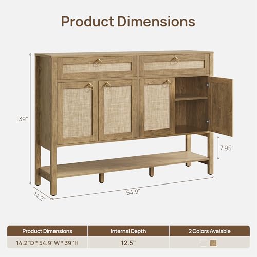 Image of SICOTAS Rattan Sideboard Buffet Cabinet with with Open Storage - Larger Coffee Bar Cabinet Credenza with Drawers, Farmhouse Boho Buffet Console Table for Living Room, Entryway, Kitchen (2 PCS)