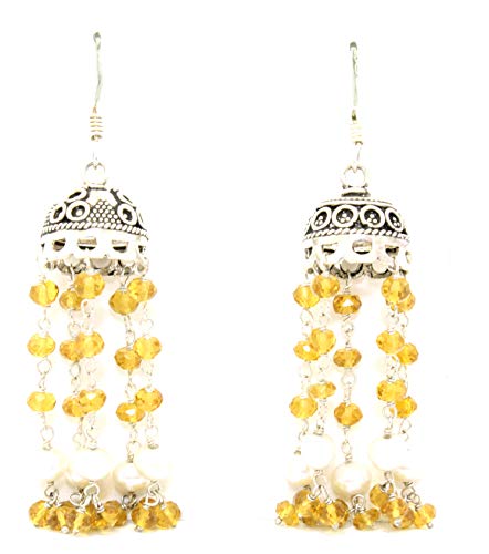 PH Artistic Pendientes colgantes de plata de ley 925 Jhumki con piedra natural y perla de topacio, Plata de ley, Perla de topacio