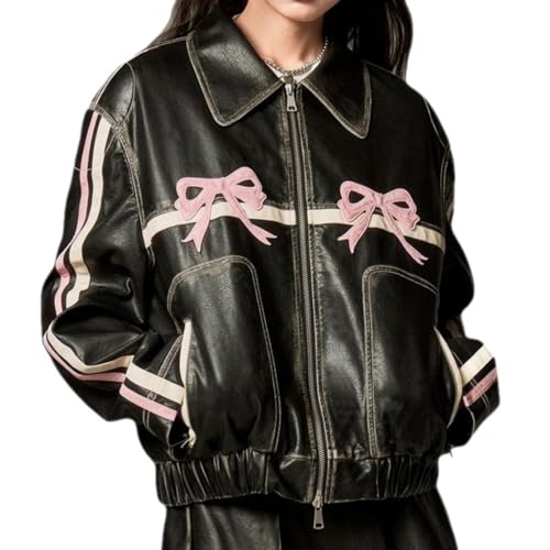 PU Pink Leather Jacket Zipper Polo-Neck Fashion Women Sweet Coat Spring Vintage Street Bomber Motorcycle Jacket(Black pink,Large)