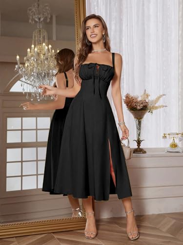 Image of Solid Lace Up Backless Ruched Boning Spaghetti Strap Slim Fit Long Cami Dress for Women's & Girl's