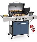 GREEN PARTY 4 Burner BBQ Propane Gas Grill with Side Burner & Porcelain-Enameled Cast Iron Grates, 545 SQIN Grilling Area 42,000 BTUs Barbecue Grill for Outdoor Cooking Garden Patio Backyard, Blue