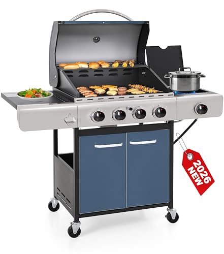 GREEN PARTY 4 Burner BBQ Propane Gas Grill with Side Burner & Porcelain-Enameled Cast Iron Grates, 545 SQIN Grilling Area 42,000 BTUs Barbecue Grill for Outdoor Cooking Garden Patio Backyard, Blue