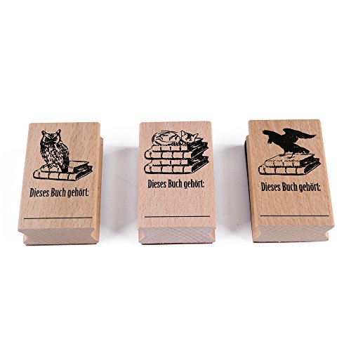 Ex Libris - Set di 3 timbri in legno con motivi Ex Libris