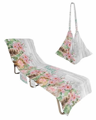 Spring Easter Beach Lounge Chair Towel Cover, Soft Chaise Lounge Towel with Side Pockets Patio Pool Chairs Cover for Beach/Pool Sunbathing 29x85 Vintage Bunny Floral Botanical