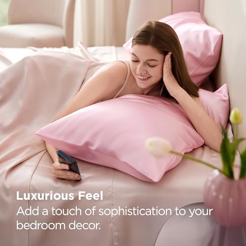 Image of Bedsure King Size Satin Pillowcase Set of 2 - Pink Silky Pillow Cases for Hair and Skin with Envelope Closure, Similar to Silk Pillow Cases, Valentine Gifts for Women Girls, 20x36 Inches, 2pcs