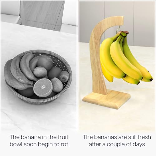 Banana Holder With Rubber Wooden Stand | Fruit Stand for Kitchen Counter | Metal Hook Tree to Keep Bananas Fresh - Image 4
