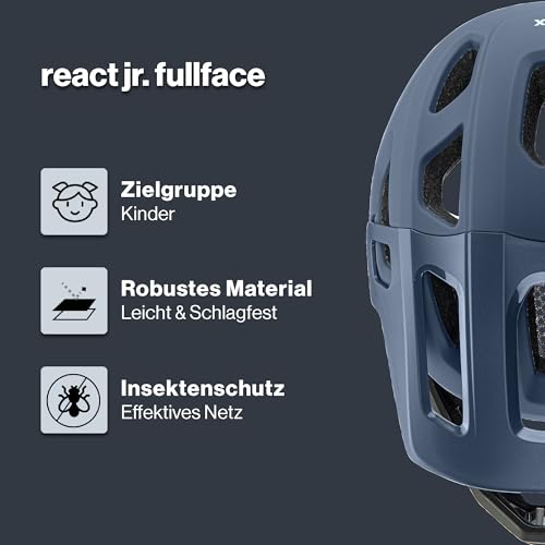 uvex React jr.fullface - sicherer MTB Fahrradhelm für Kinder - individuelle Größenanpassung - Abnehmbarer Kinnschutz - Dusk Blue matt - 52-56 cm