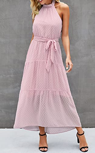 Image of PRETTYGARDEN Women's Halter Neck Floral Long Maxi Dress Casual Sleeveless Backless Dresses Loose Ruffle Sundress with Belt