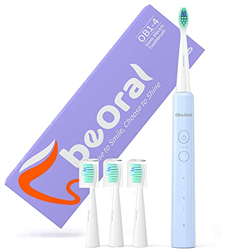 Spazzolino Elettrico Sonico,ObeOral Spazzolino Elettrico Denti Ricaricabile con 4 Testine di Ricambio 12 Modalità (Azzurro)