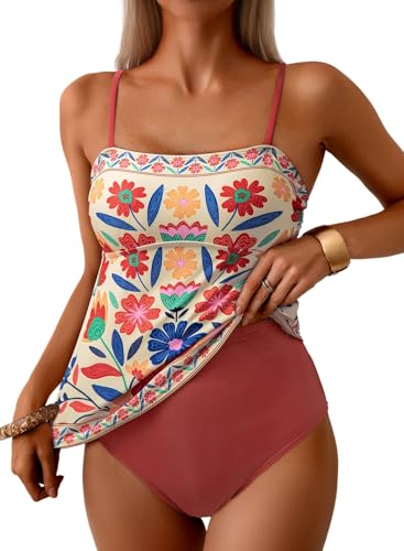 Dokotoo Beachwear Tankini Set Boho Flowy Bathing Suit with Bottom,Red,Small