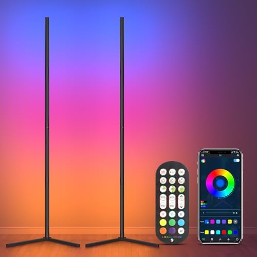 OUTON LED Vloerlamp, RGBCW Dimbare Staande Lamp met Afstandsbediening en App -bediening, 16 Miljoen DIY-kleuren, Muzieksynchronisatie, Hoogte Verstelbare Hoeklamp voor Woonkamer, Slaapkamer, Speelkamer