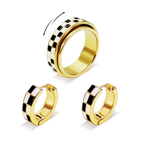 Checkered Jewelry Set for Women- Gold Plated Stainless Steel Checkered Fidget Ring & Black and White Checkered Hypoallergenic Chunky Huggie Hoop Cartilage Earring Anxiety & Stress Relief Gift