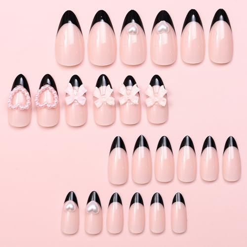 24pcs Almond Fake Nails - Black Edge False Nails French Tip with Pink Bow and Heart - 12 Sizes Glue on Nails French Nail Tips - Full Cover Glossy Acrylic Nails for Women Girls Nail Art - Image 5
