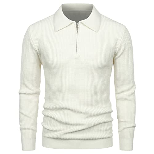 Pull automne col rabattable homme en tricot solide blanc coupe ajustée élégante