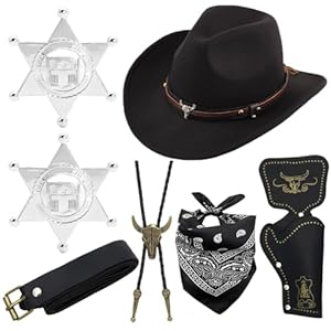 Cowboy Kostüm, 7PCS Western Cowboys Cosplay Kleidung Kit mit Cowboyhüte Bandana Holster Gürtel Halskette Abzeichen Western Cowboys Hut Cowboy Kostüm Zubehör für Erwachsene Halloween(Schwarz)