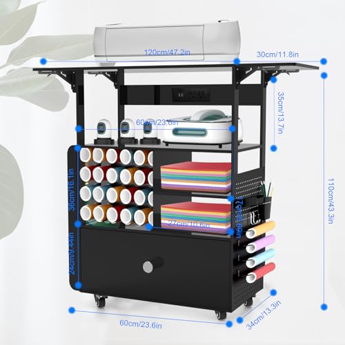 Image of Craft Organization and Storage with Cricut Machine, Craft Cart with Vinyl Roll Holder & Drawers, Large Craft Cabinet Table Workstation