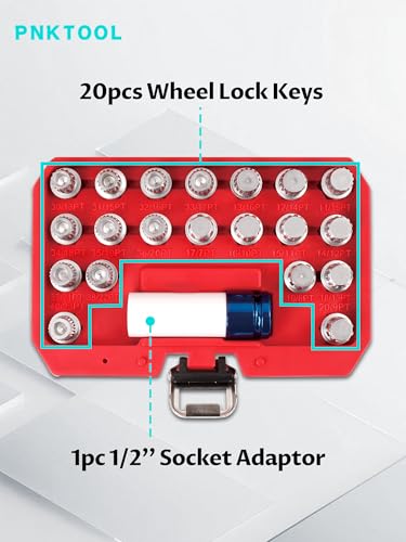 Image of Set of 21, Wheel Lock Key Set, Anti-Theft Lock Lug Nut Screw Remover Wheel Lock Removal Kit with 1 /2 inch (12.7mm) Socket Adapter for Mini Series