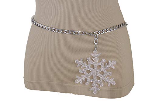 Women Skinny Fashion Belt Hip Waist Silver Metal Chain Big Snowflake Buckle XS S M