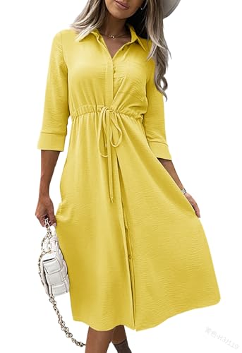 Image of Febriajuce Women's 3 /4 Sleeve Midi Dress Casual Drawstring Belted Round Neck Plain Tie Waist Loose High Waist Long Dress